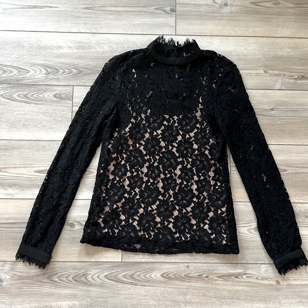 Wayf Black Lace Mock Neck Top